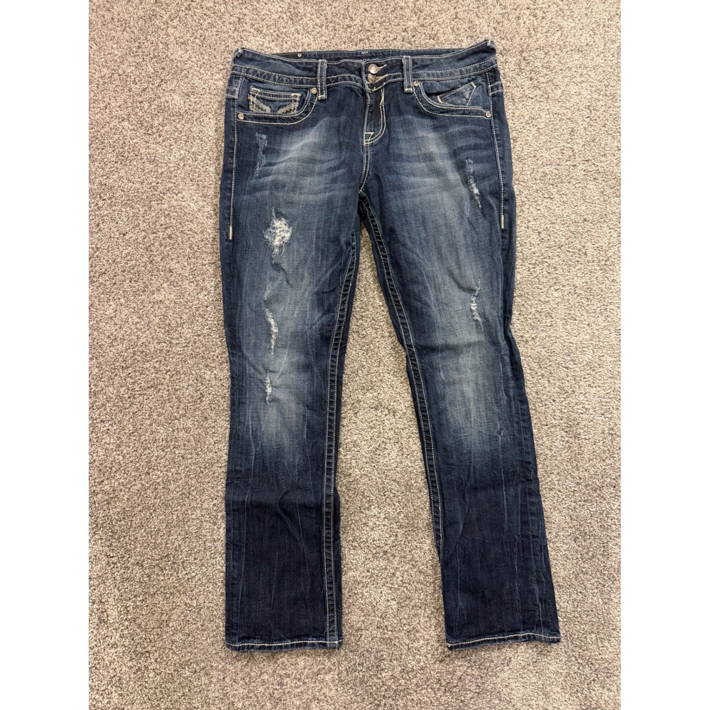 Vigoss Jeans Womens 13/14 Blue The Chelsea Straight Distressed Embellished Denim